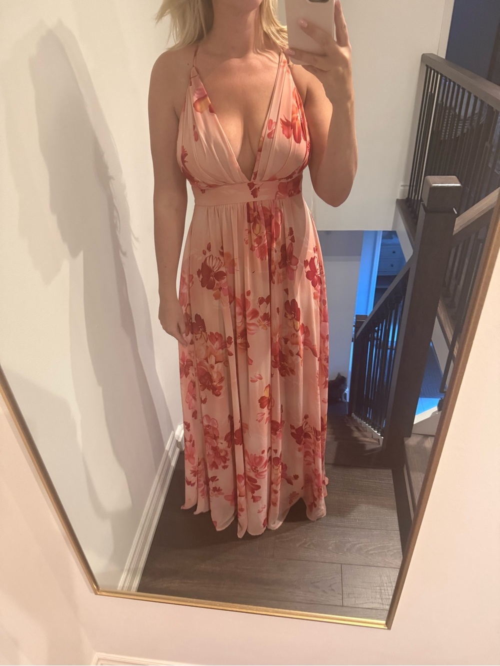 Nordstrom Peach-Pink Floral Plunge Maxi Dress